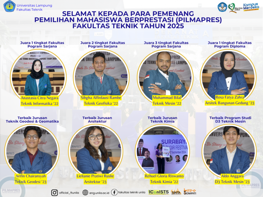 SELAMAT KEPADA PARA PEMENANG PEMILIHAN MAHASISWA BERPRESTASI (PILMAPRES) FAKULTAS TEKNIK TAHUN 2025
